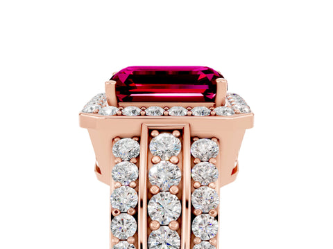 Rose gold Emerald Cut Halo Garnet Ring with Split Shank and Four-Prong Setting_5