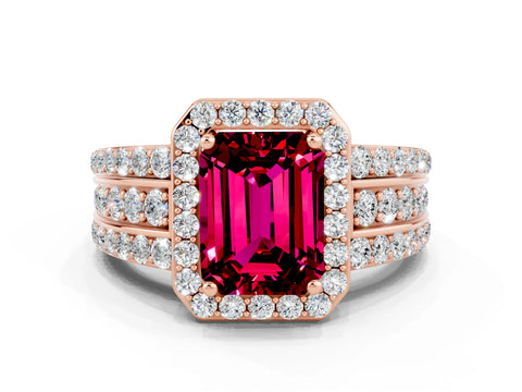 Rose gold Emerald Cut Halo Garnet Ring with Split Shank and Four-Prong Setting