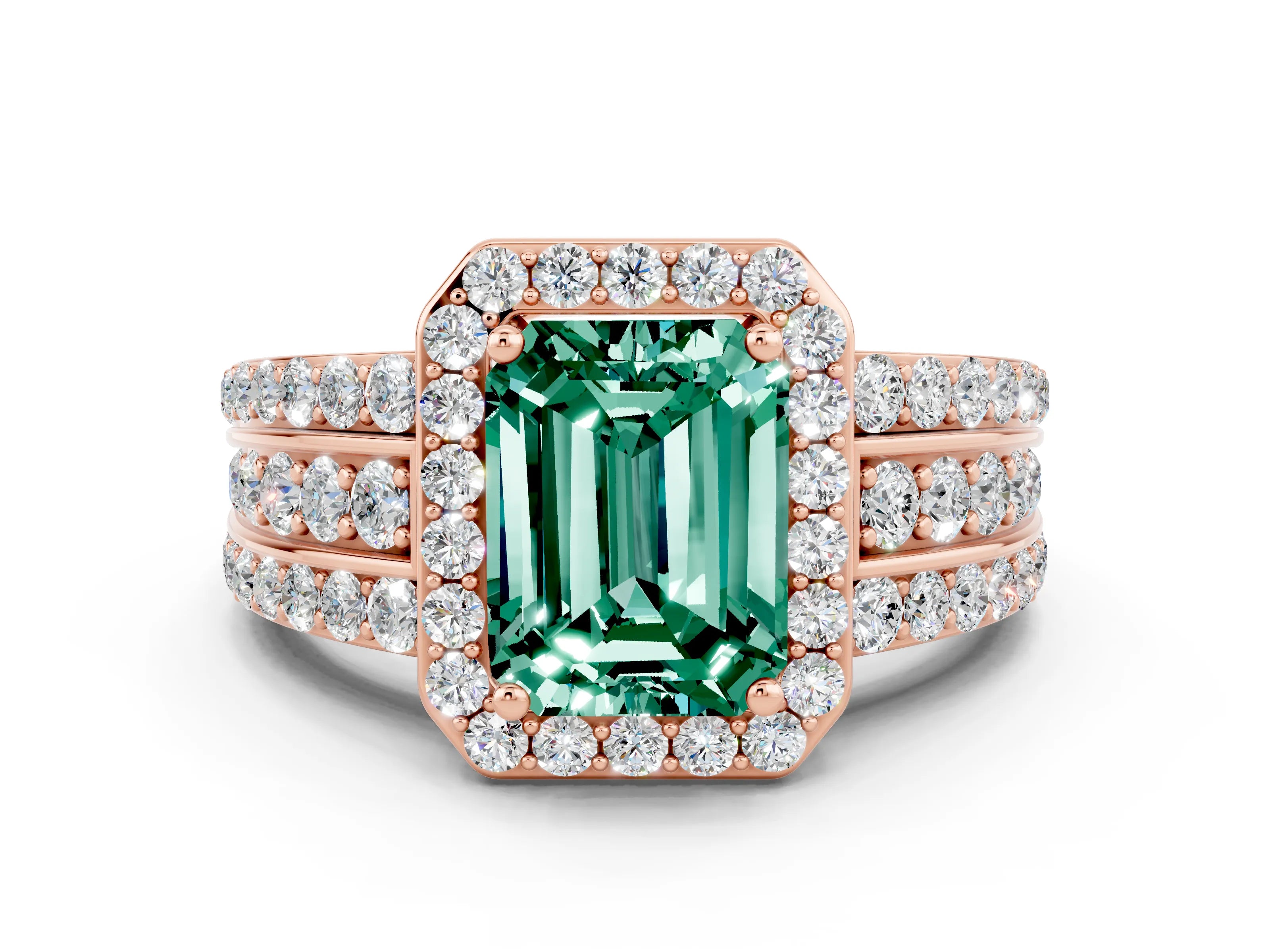 Rose gold Emerald Cut Halo Green Sapphire Ring with Split Shank and Four-Prong Setting