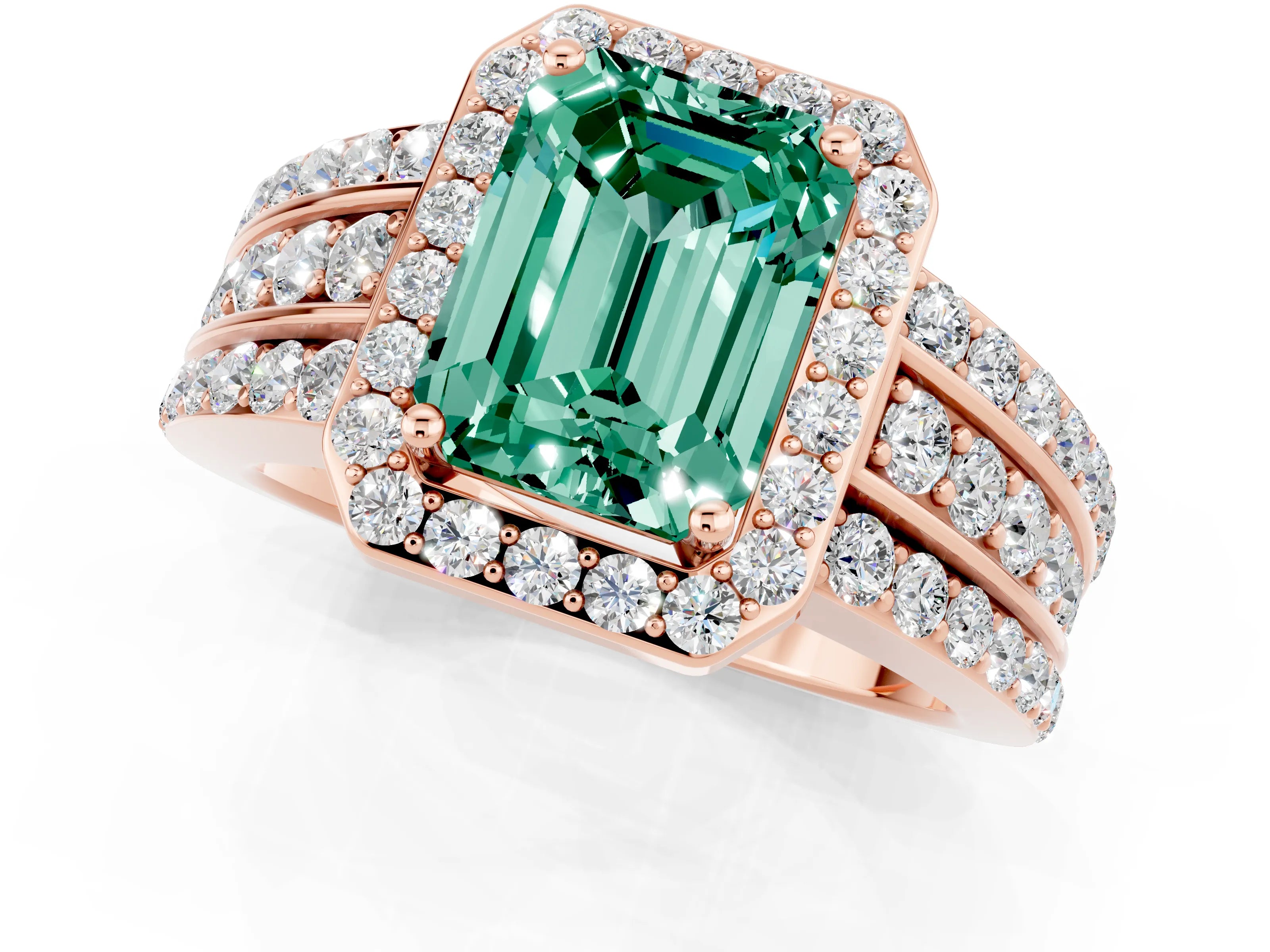 Rose gold Emerald Cut Halo Green Sapphire Ring with Split Shank and Four-Prong Setting_1