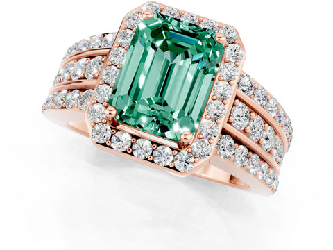 Rose gold Emerald Cut Halo Green Sapphire Ring with Split Shank and Four-Prong Setting_1