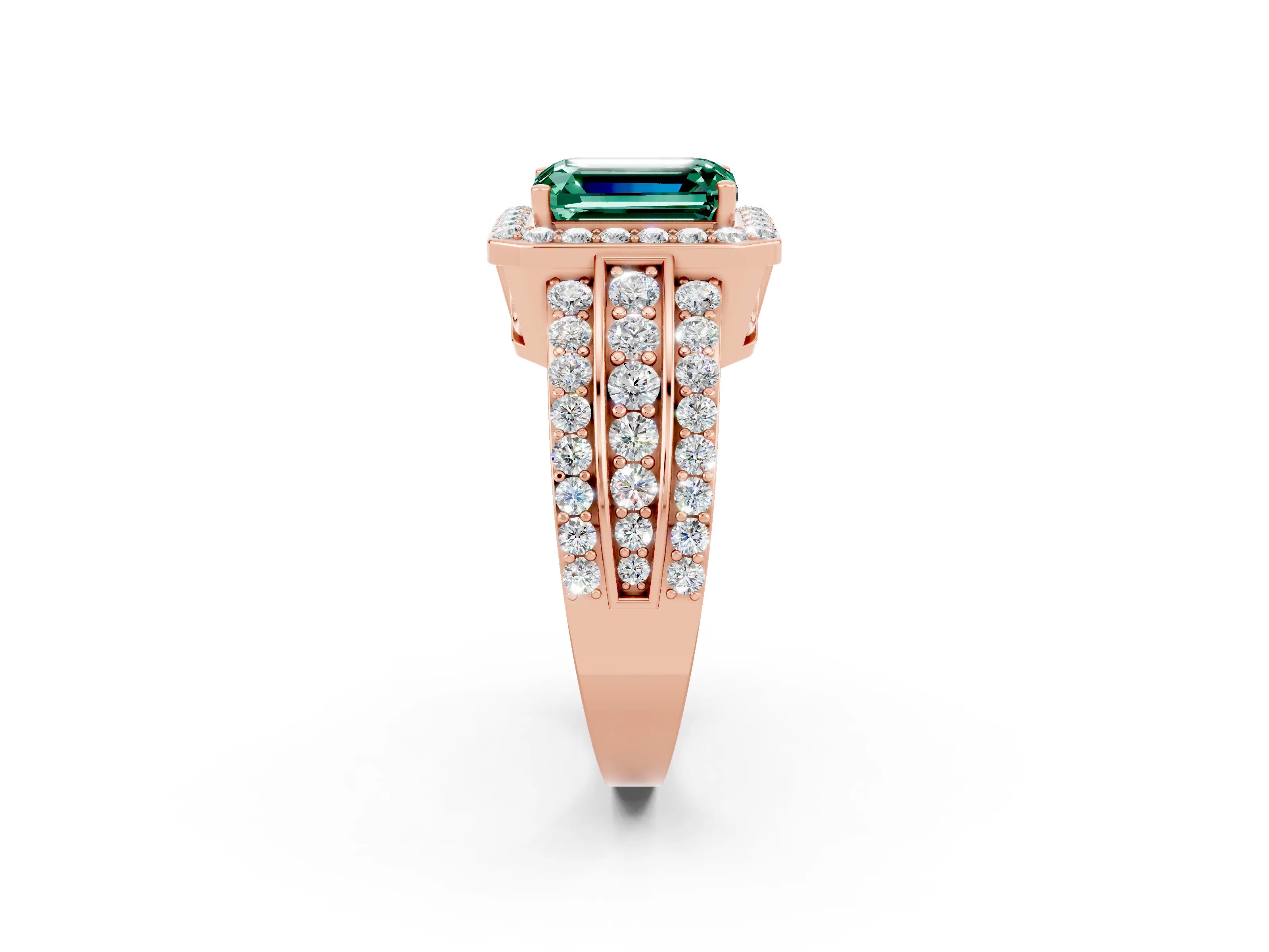 Rose gold Emerald Cut Halo Green Sapphire Ring with Split Shank and Four-Prong Setting_2