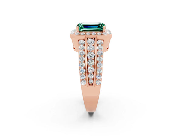 Rose gold Emerald Cut Halo Green Sapphire Ring with Round  Split Shank and Prong Setting