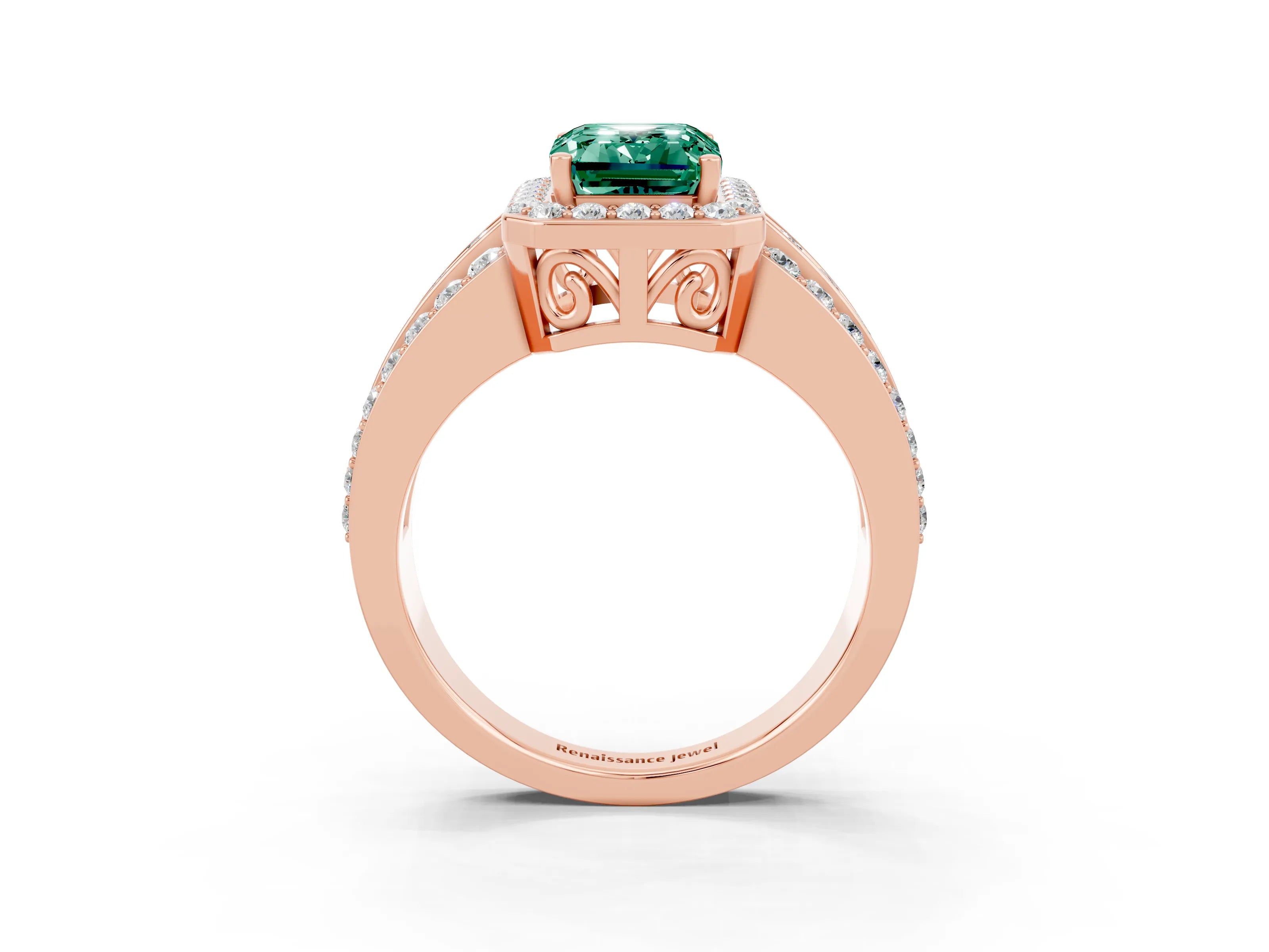 Rose gold Emerald Cut Halo Green Sapphire Ring with Split Shank and Four-Prong Setting_3