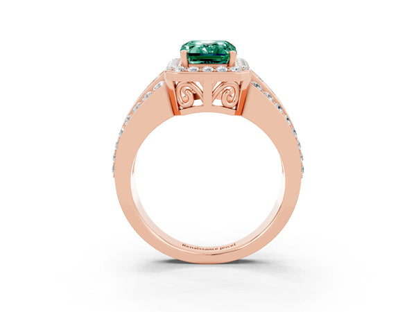 Rose gold Emerald Cut Halo Green Sapphire Ring with Round  Split Shank and Prong Setting