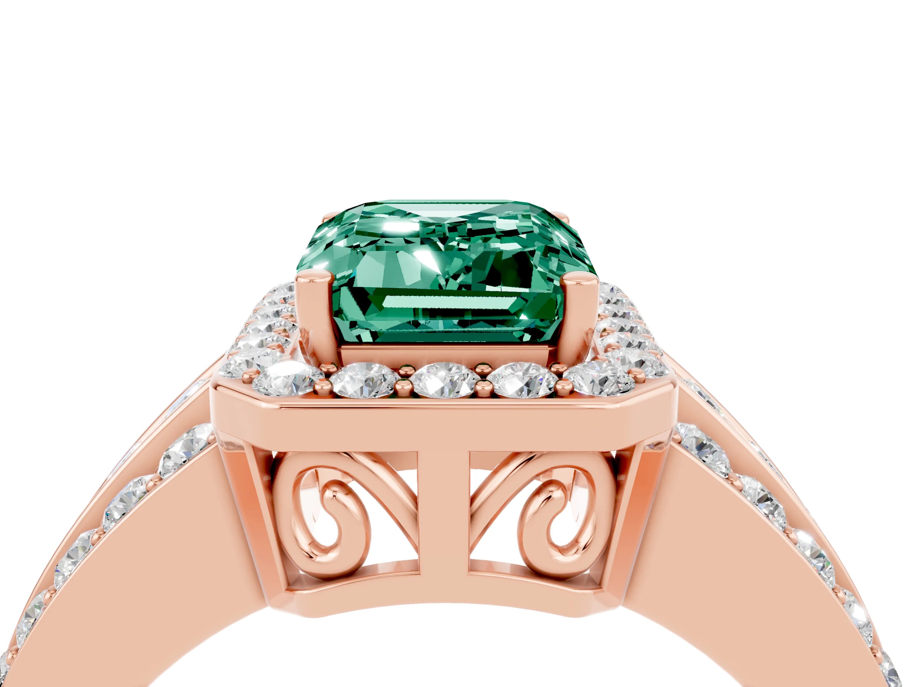 Rose gold Emerald Cut Halo Green Sapphire Ring with Split Shank and Four-Prong Setting_4