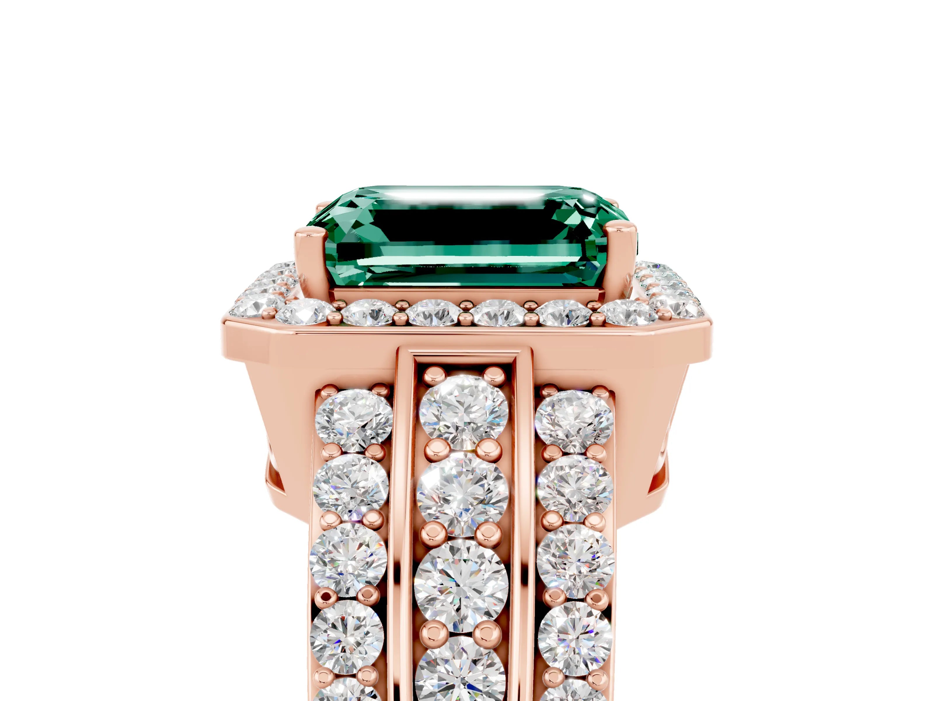 Rose gold Emerald Cut Halo Green Sapphire Ring with Split Shank and Four-Prong Setting_5