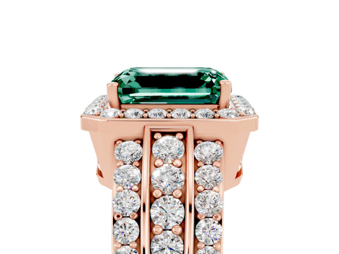 Rose gold Emerald Cut Halo Green Sapphire Ring with Split Shank and Four-Prong Setting_5