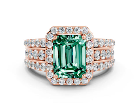 Rose gold Emerald Cut Halo Green Sapphire Ring with Split Shank and Four-Prong Setting