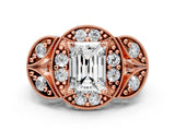 Rose gold Emerald Cut Halo Milgrain Diamond Engagement Ring with Leaf Band and Four-Prong Setting_3