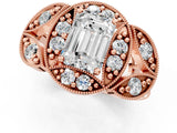 Rose gold Emerald Cut Halo Milgrain Diamond Engagement Ring with Leaf Band and Four-Prong Setting_4