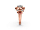 Rose gold Emerald Cut Halo Milgrain Diamond Engagement Ring with Leaf Band and Four-Prong Setting_5