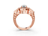 Rose gold Emerald Cut Halo Milgrain Diamond Engagement Ring with Leaf Band and Four-Prong Setting_6