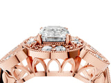 Rose gold Emerald Cut Halo Milgrain Diamond Engagement Ring with Leaf Band and Four-Prong Setting_7