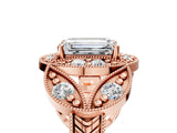 Rose gold Emerald Cut Halo Milgrain Diamond Engagement Ring with Leaf Band and Four-Prong Setting_8
