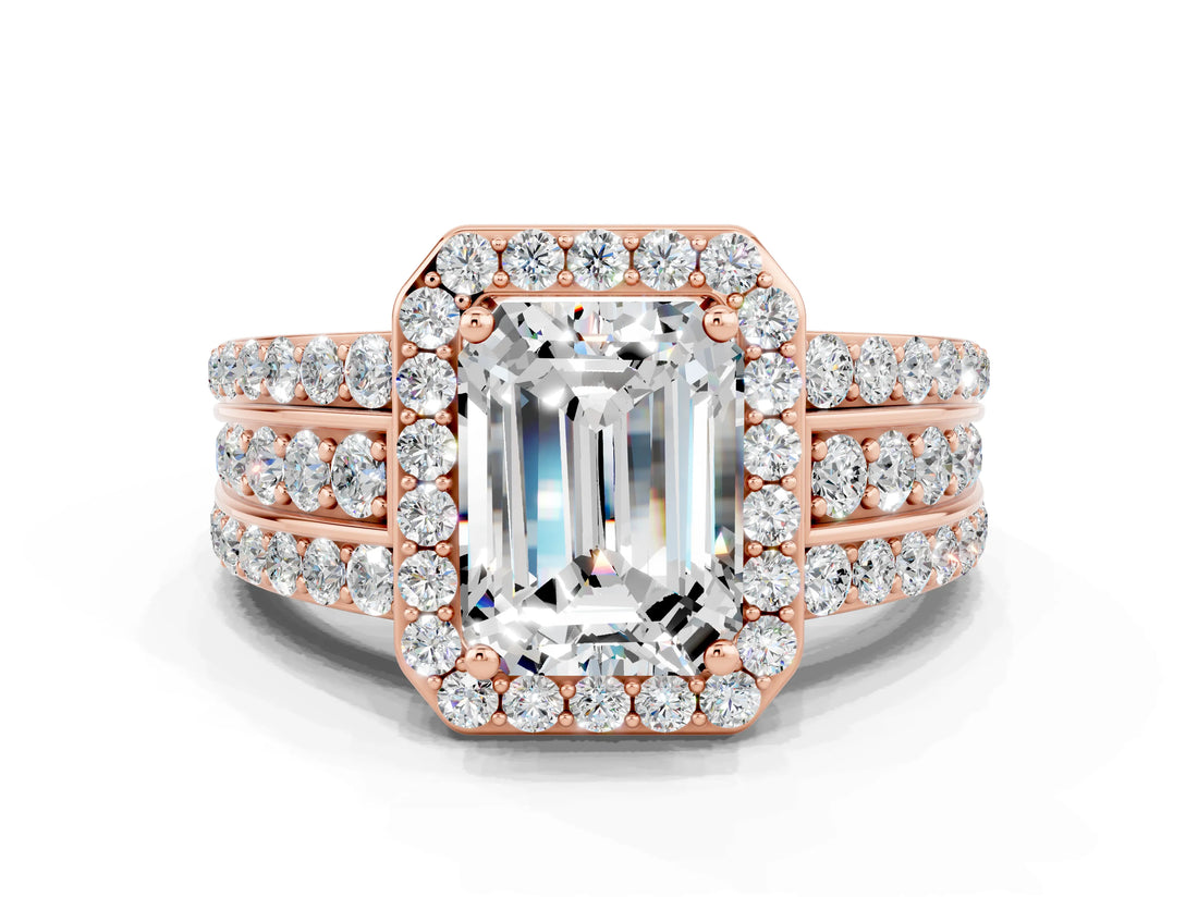 Rose gold Emerald Cut Halo Moissanite Ring with Split Shank and Four-Prong Setting