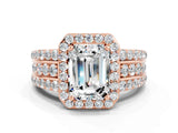 Rose gold Emerald Cut Halo Moissanite Ring with Split Shank and Four-Prong Setting