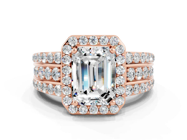 Rose gold Emerald Cut Halo Moissanite Ring with Round  Split Shank and Prong Setting