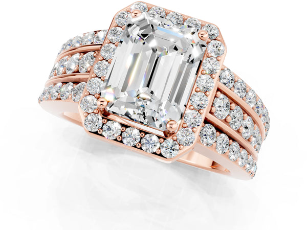 Rose gold Emerald Cut Halo Moissanite Ring with Round  Split Shank and Prong Setting