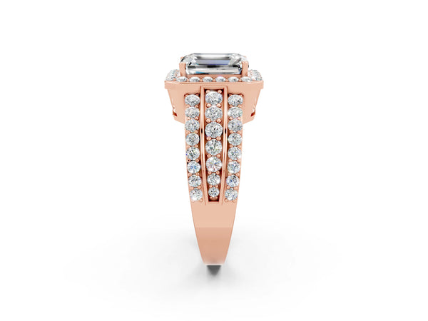Rose gold Emerald Cut Halo Moissanite Ring with Round  Split Shank and Prong Setting