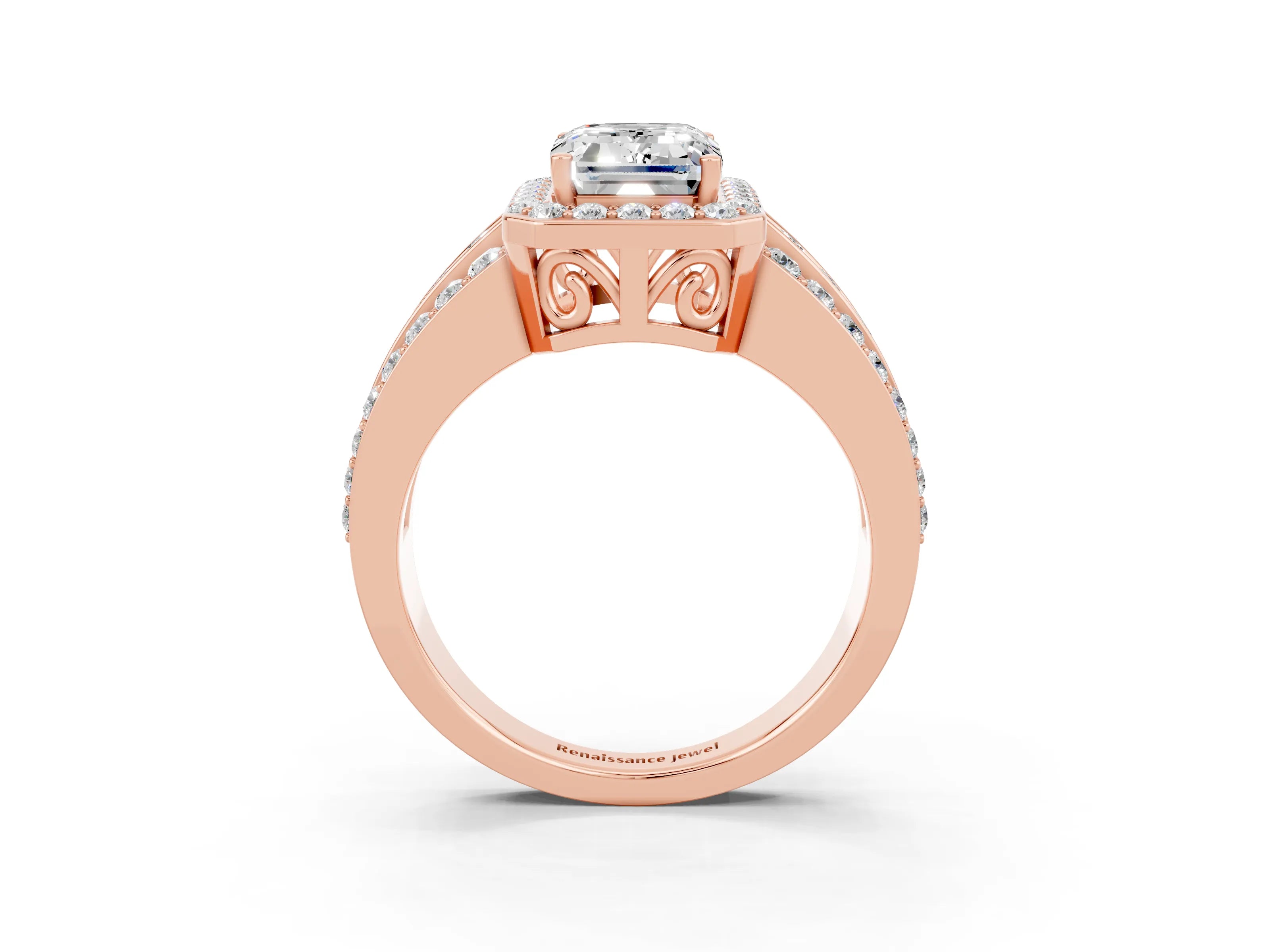 Rose gold Emerald Cut Halo Moissanite Ring with Split Shank and Four-Prong Setting_3