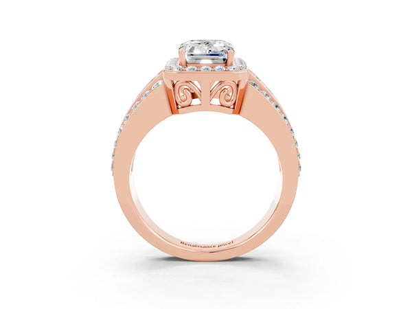 Rose gold Emerald Cut Halo Moissanite Ring with Round  Split Shank and Prong Setting