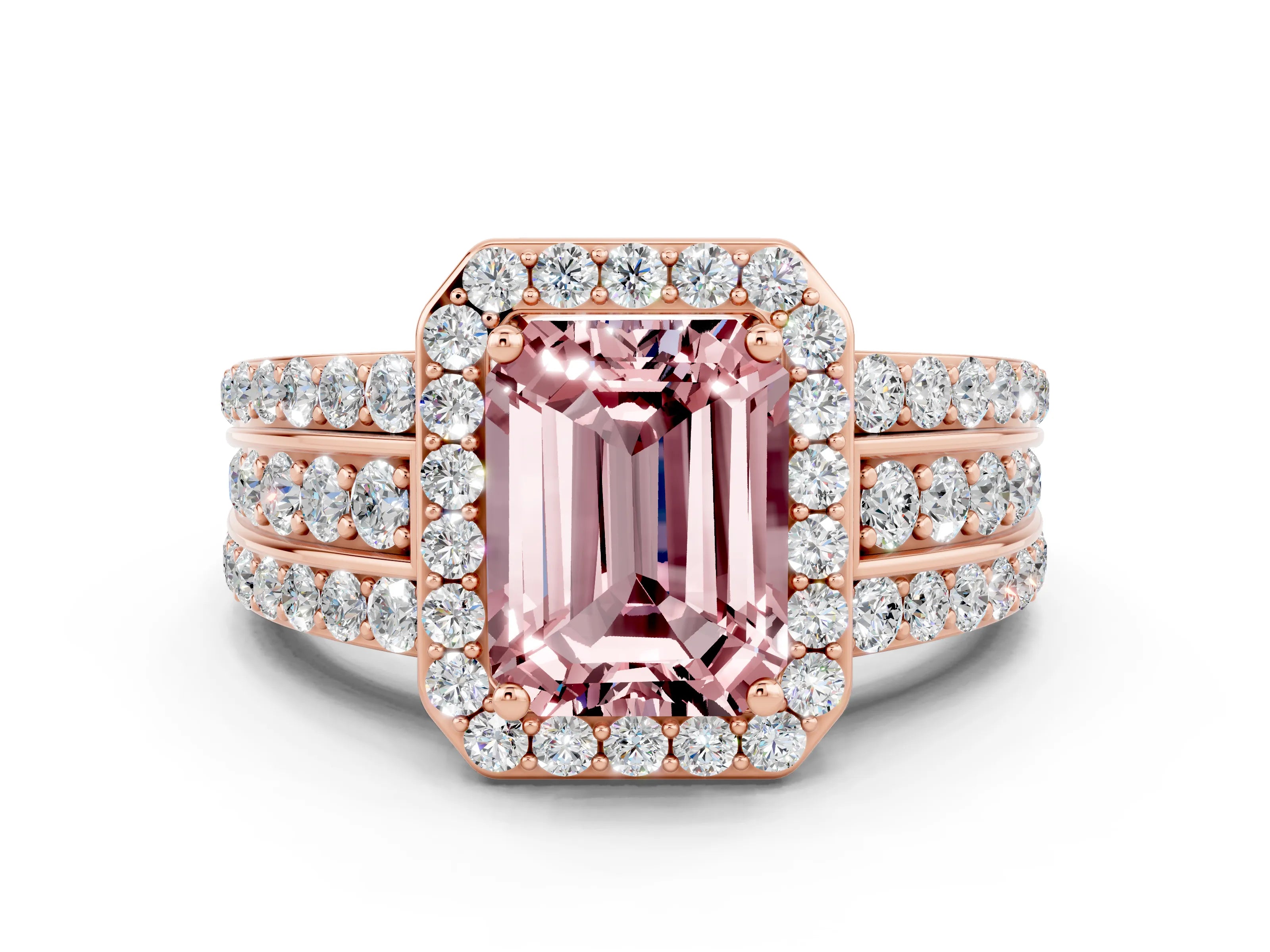 Rose gold Emerald Cut Halo Morganite Ring with Split Shank and Four-Prong Setting
