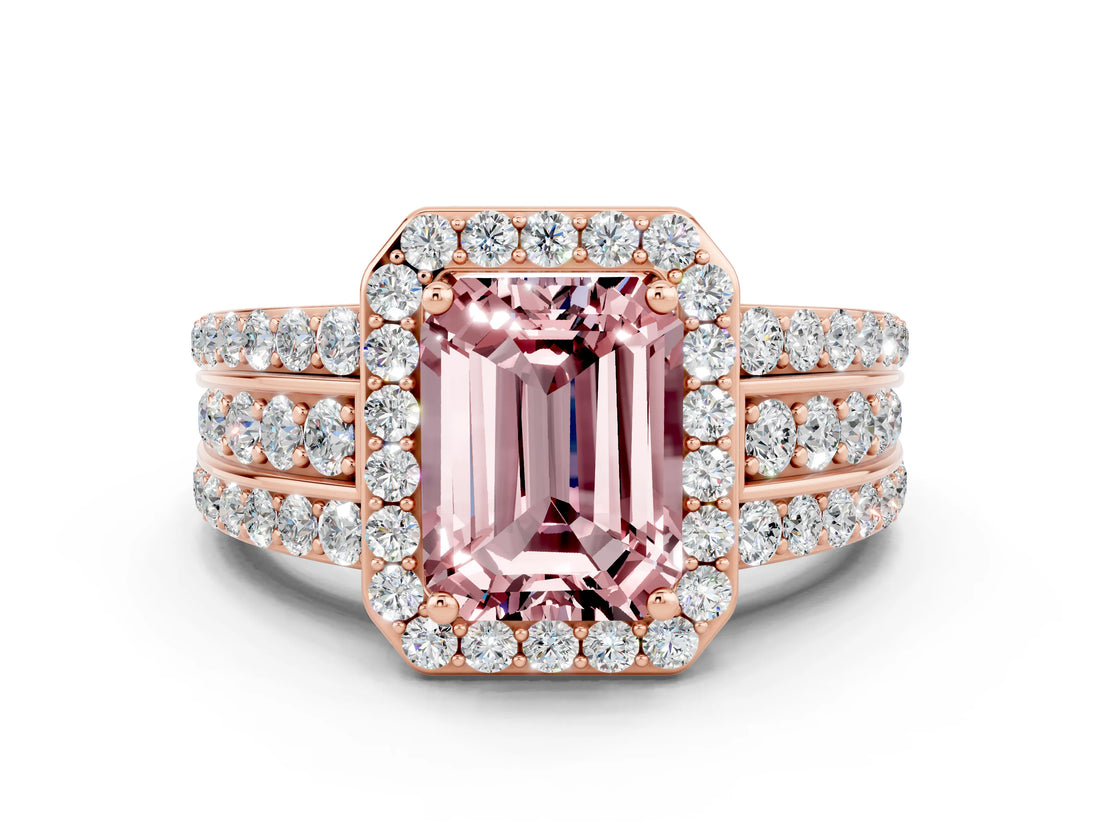 Rose gold Emerald Cut Halo Morganite Ring with Split Shank and Four-Prong Setting