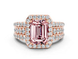 Rose gold Emerald Cut Halo Morganite Ring with Split Shank and Four-Prong Setting