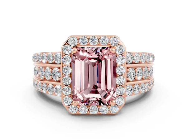 Rose gold Emerald Cut Halo Morganite Ring with Round  Split Shank and Prong Setting