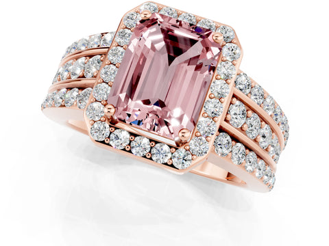 Rose gold Emerald Cut Halo Morganite Ring with Split Shank and Four-Prong Setting_1