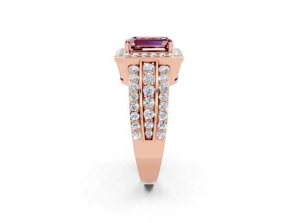 Rose gold Emerald Cut Halo Morganite Ring with Round  Split Shank and Prong Setting