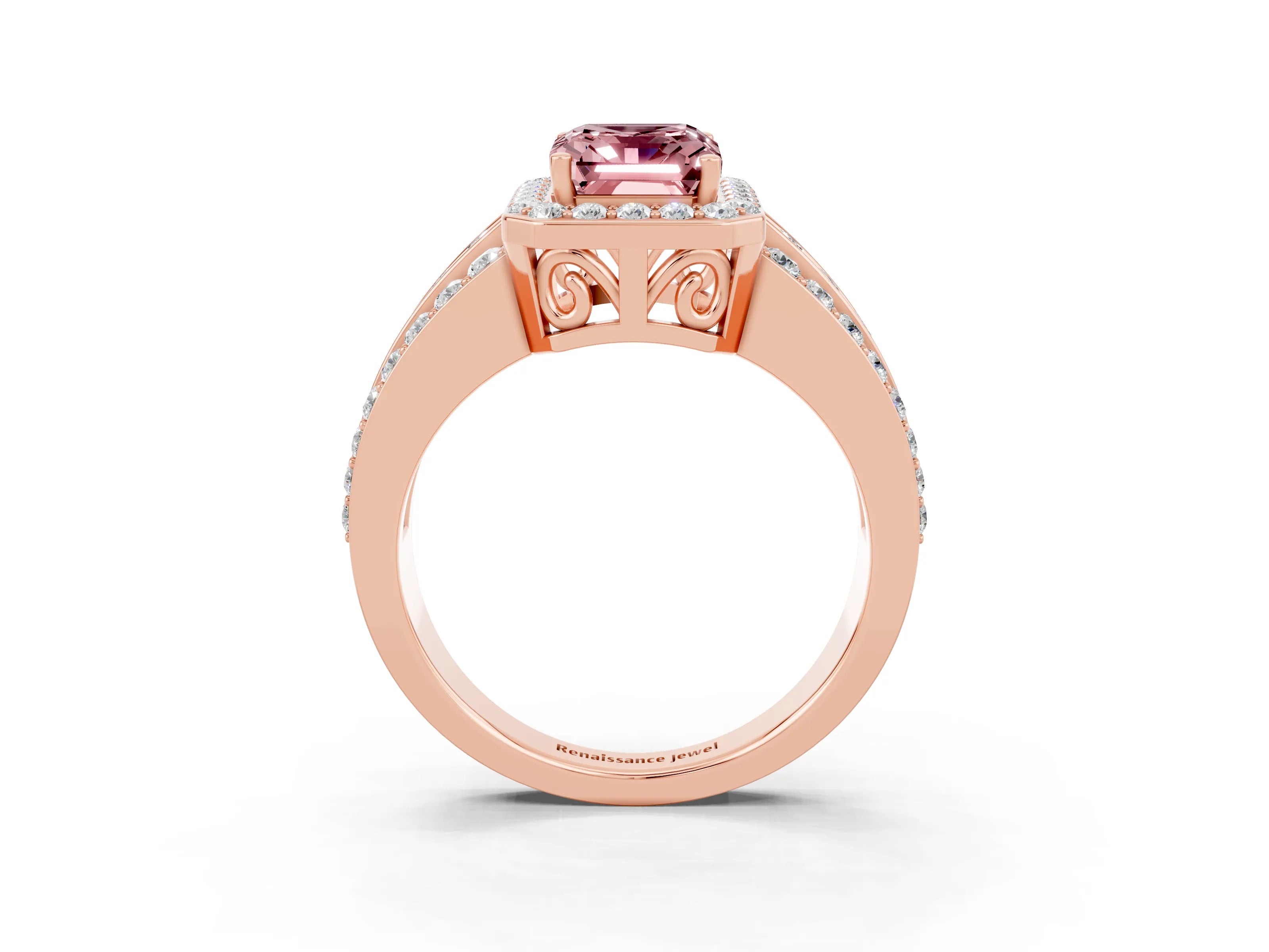 Rose gold Emerald Cut Halo Morganite Ring with Split Shank and Four-Prong Setting_3