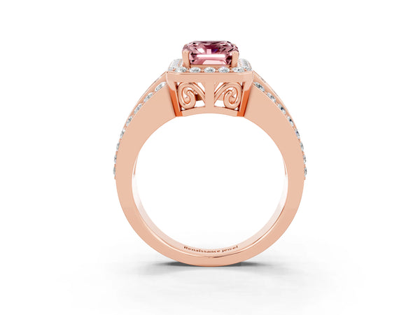 Rose gold Emerald Cut Halo Morganite Ring with Round  Split Shank and Prong Setting