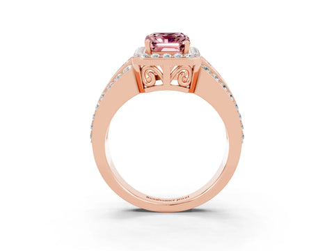 Rose gold Emerald Cut Halo Morganite Ring with Split Shank and Four-Prong Setting_3