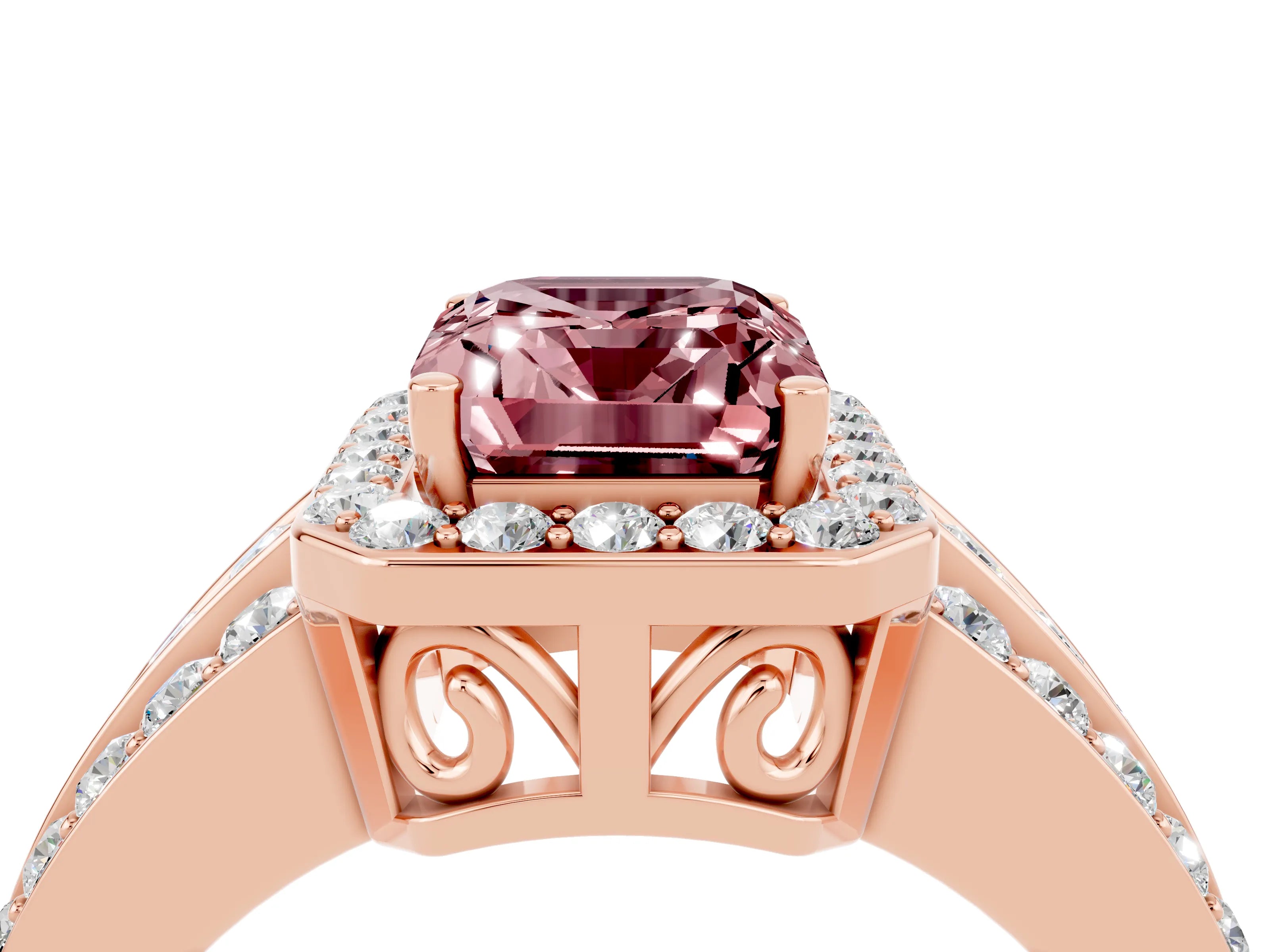 Rose gold Emerald Cut Halo Morganite Ring with Split Shank and Four-Prong Setting_4