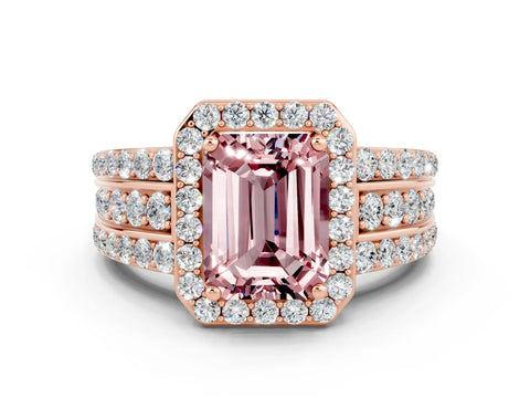 Rose gold Emerald Cut Halo Morganite Ring with Split Shank and Four-Prong Setting