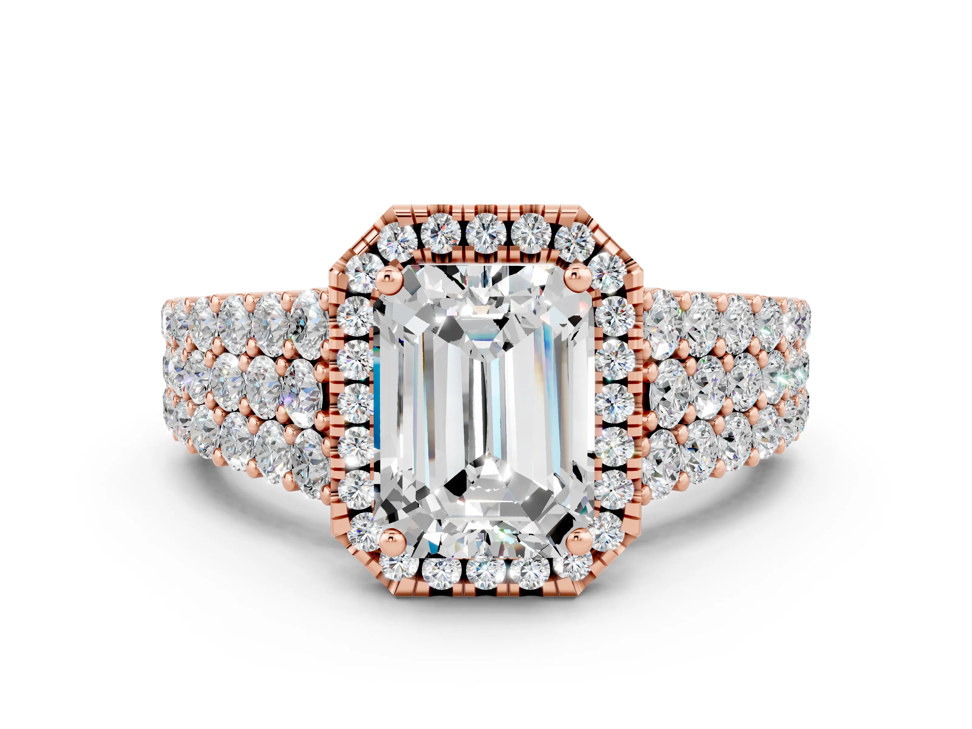 Rose gold Emerald Cut Halo Pavé Diamond Engagement Ring with Split Shank and Four-Prong Setting