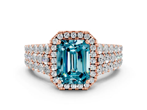 Rose gold Emerald Cut Halo Pavé Diamond Engagement Ring with Split Shank and Four-Prong Setting