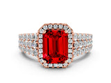 Rose gold Emerald Cut Halo Pavé Diamond Engagement Ring with Split Shank and Four-Prong Setting