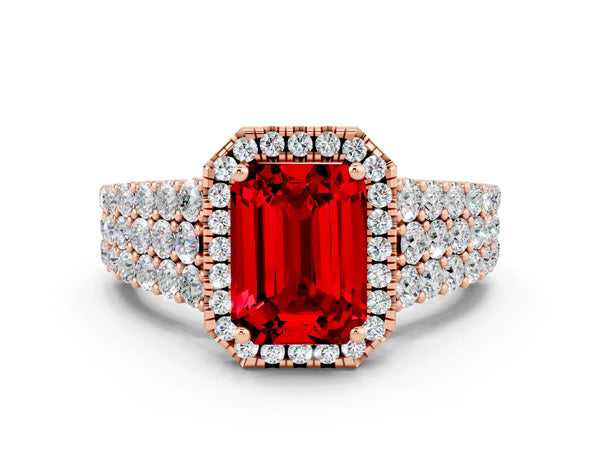 Rose gold Emerald Cut Halo Pavé Diamond Engagement Ring with Split Shank and Four-Prong Setting