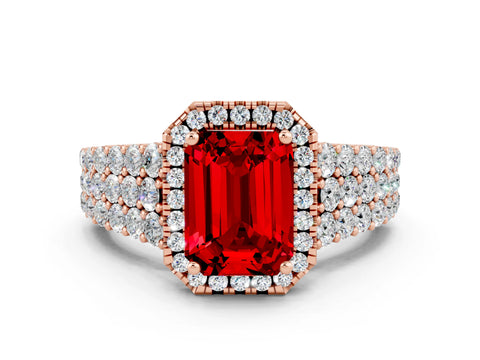 Rose gold Emerald Cut Halo Pavé Diamond Engagement Ring with Split Shank and Four-Prong Setting
