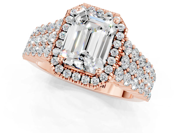 Rose gold Emerald Cut Moissanite Halo Engagement Ring with Triple Row Round Pavé Band and Prong Setting