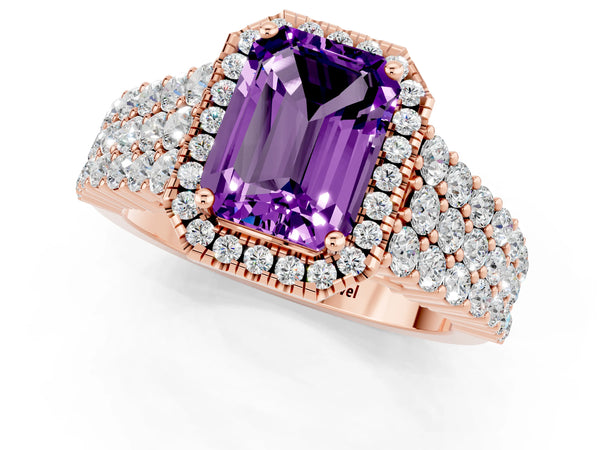 Rose gold Emerald Cut Amethyst Halo Engagement Ring with Triple Row Round Pavé Band and Prong Setting