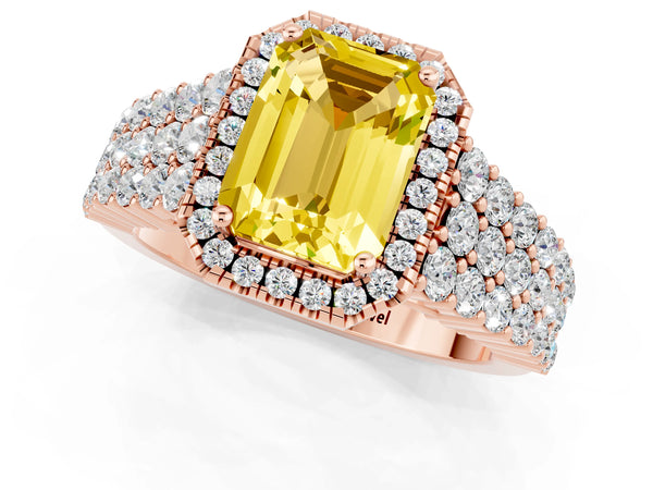 Rose gold Emerald Cut Yellow Sapphire Halo Engagement Ring with Triple Row Round Pavé Band and Prong Setting