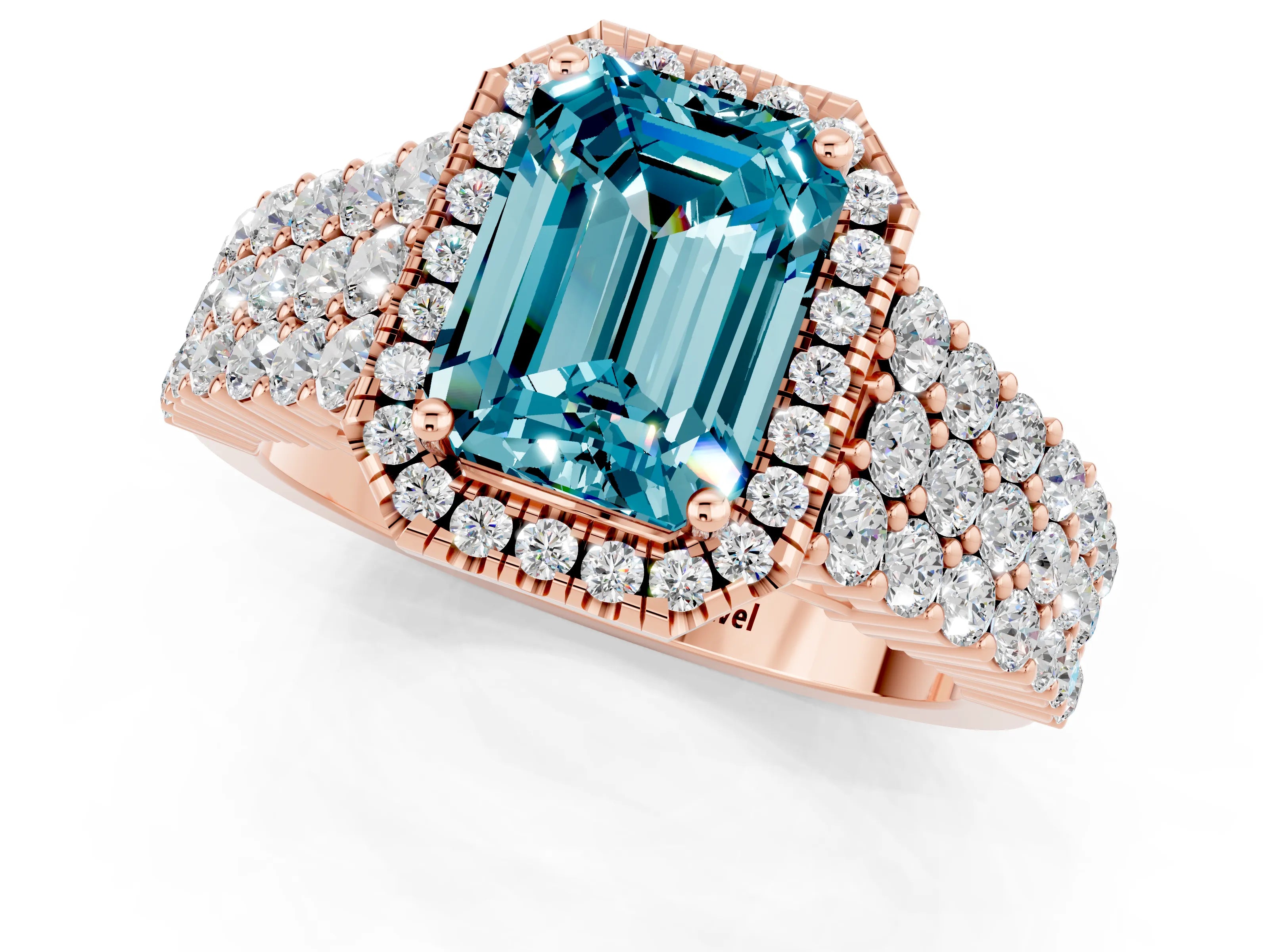 Rose gold Emerald Cut Halo Pavé Diamond Engagement Ring with Split Shank and Four-Prong Setting_1
