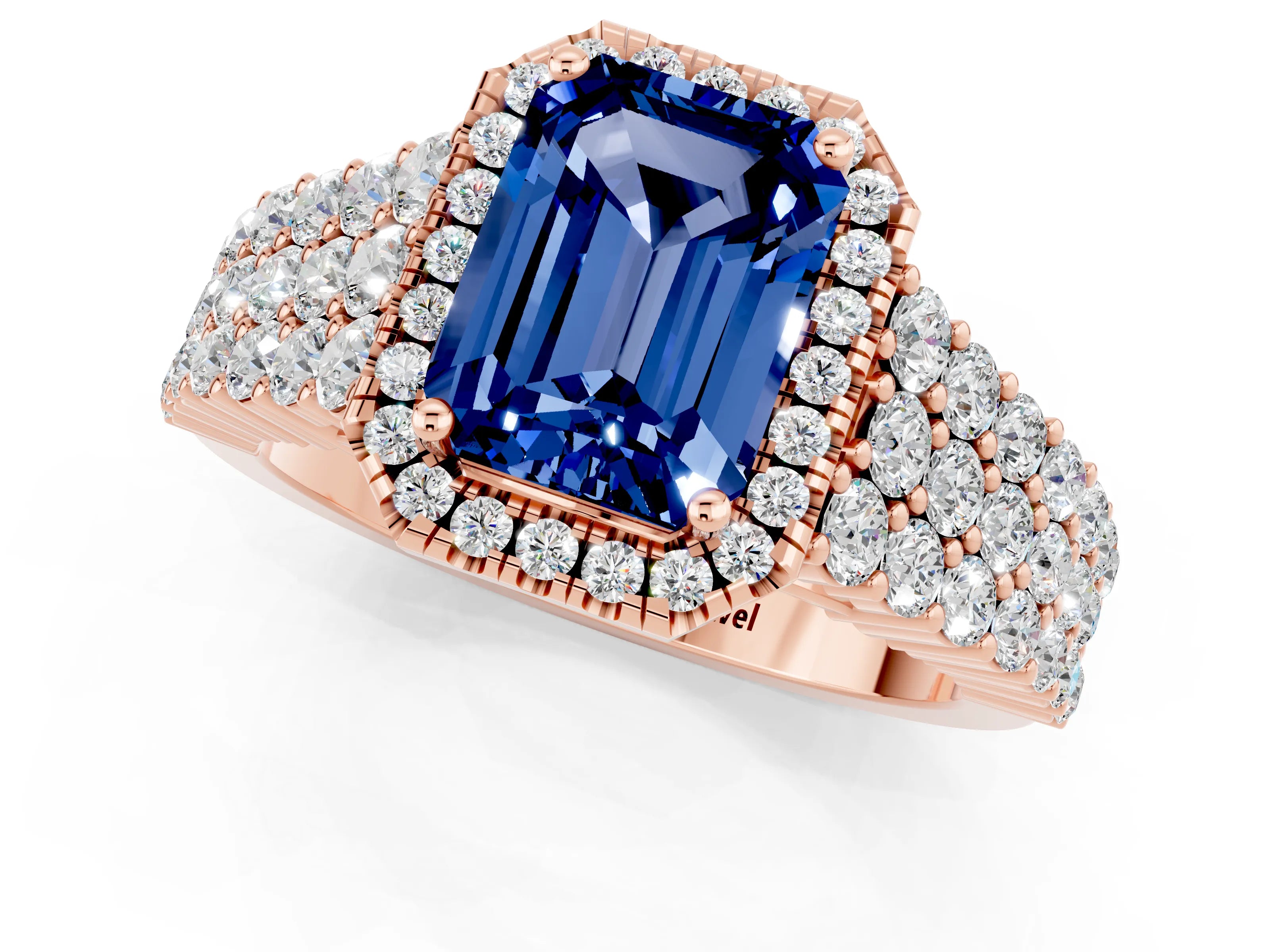 Rose gold Emerald Cut Halo Pavé Diamond Engagement Ring with Split Shank and Four-Prong Setting_1