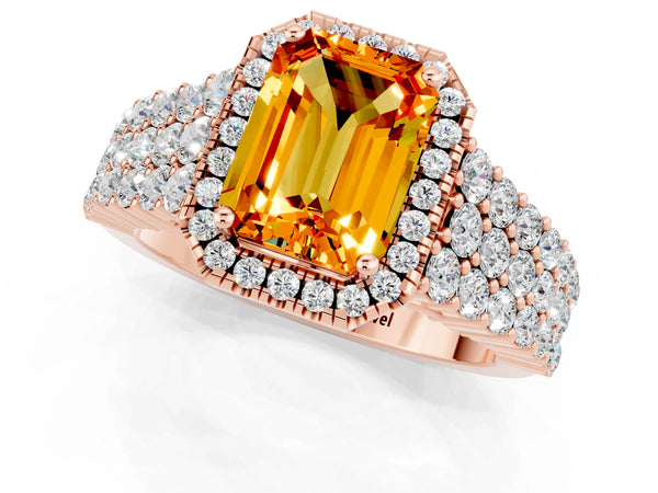 Rose gold Emerald Cut Citrine Halo Engagement Ring with Triple Row Round Pavé Band and Prong Setting