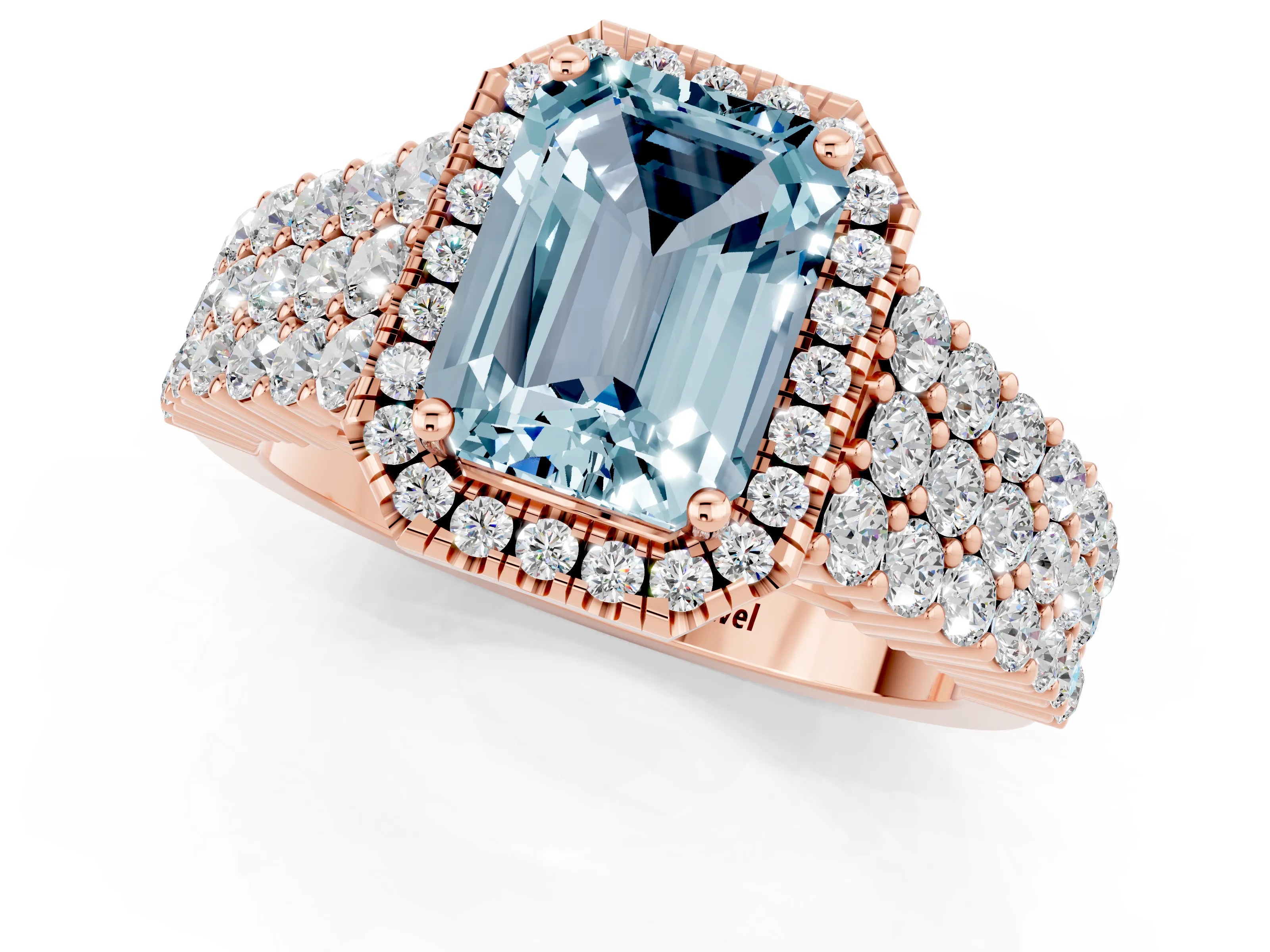 Rose gold Emerald Cut Halo Pavé Diamond Engagement Ring with Split Shank and Four-Prong Setting_1