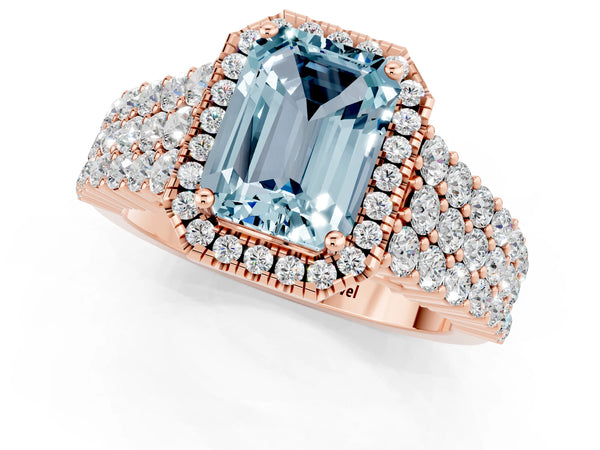 Rose gold Emerald Cut Aquamarine Halo Engagement Ring with Triple Row Round Pavé Band and Prong Setting